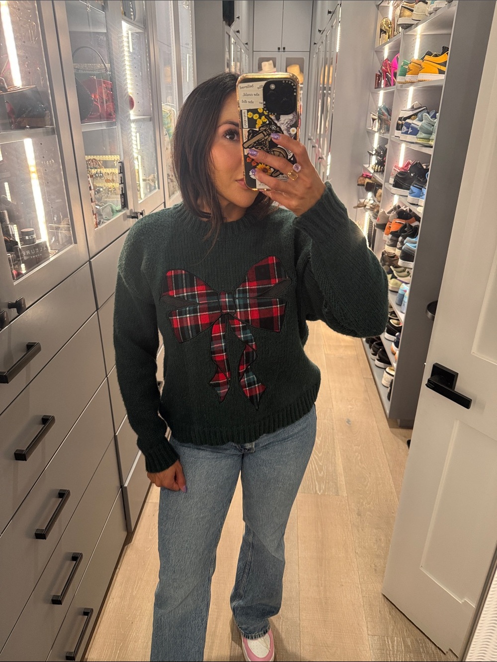 Sincerely Jules Dark Green Crewneck Sweater with Red Plaid Bow